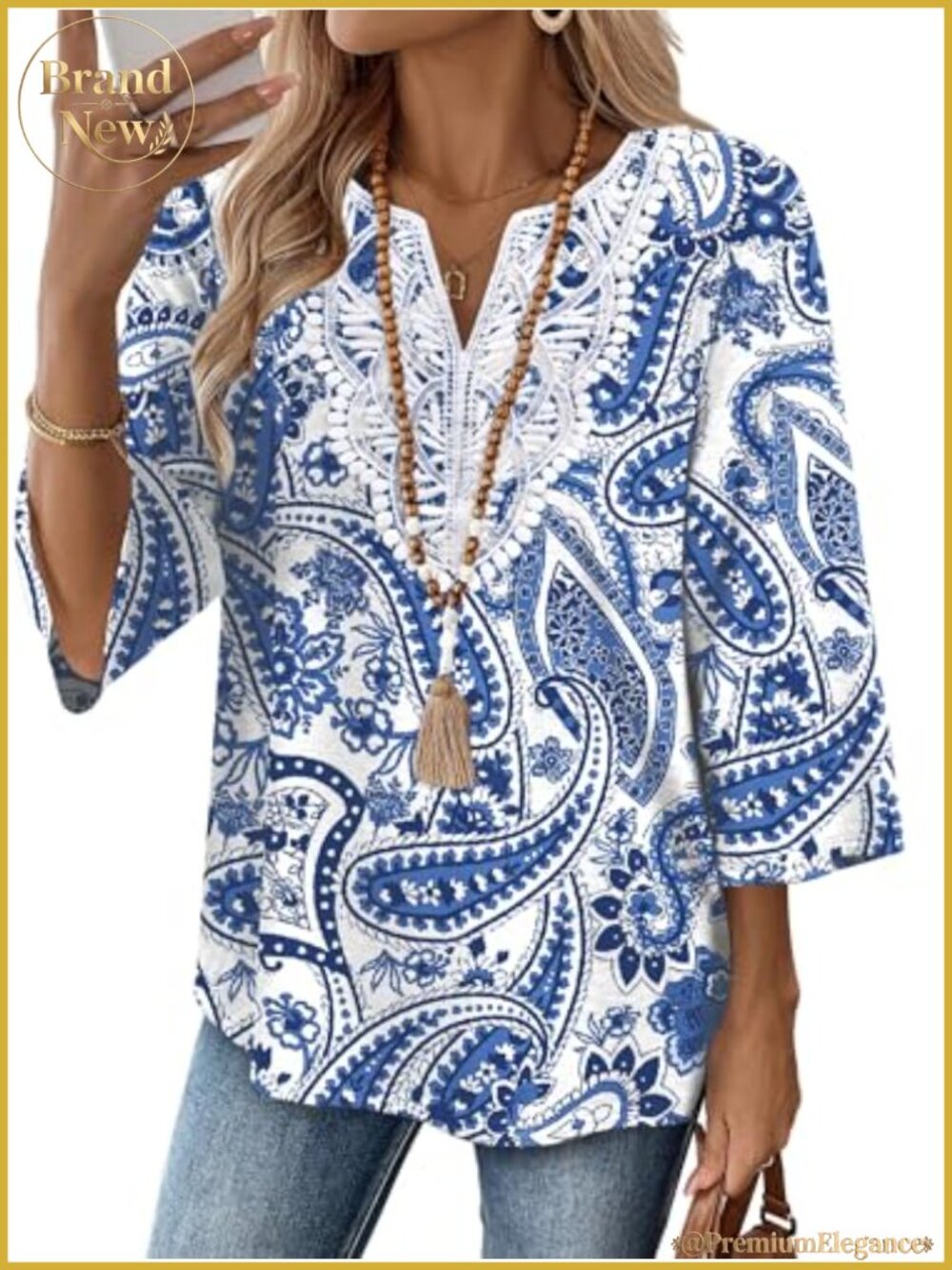 Women's Boho 3/4 Sleeve V-Neck Lace Blouse Tunic Top